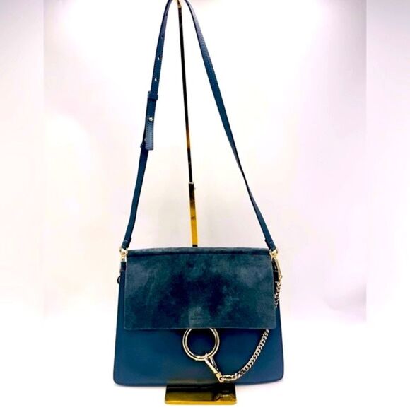 Auth Chloe Medium Cloudy Blue Calfskin Suede Leather Faye Shoulder Bag Clutch - Picture 2 of 16